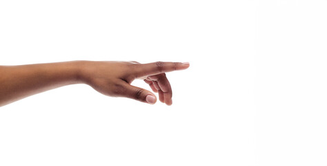 Black girl's hand touching virtual screen isolated on white background