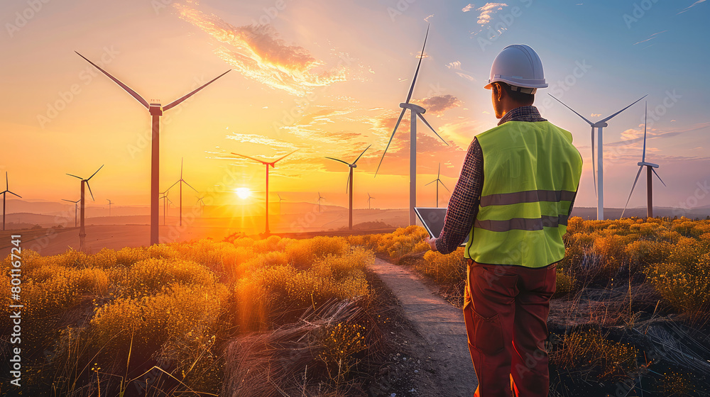 Poster An engineer in a reflective vest and hardhat is inspecting a tablet with wind turbines in the background during sunset. Generative AI.