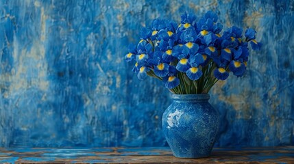   A blue vase, brimming with blue blooms, sits atop a weathered wooden table Nearby, a blue-yellow wall provides a vibrant backdrop