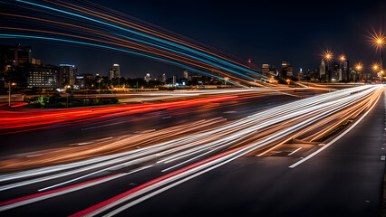 Fototapeta premium High speed forward light, urban expressways and traffic flow, time-lapse photography, abstract background, colored light, technology and city