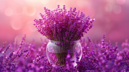   A vase, brimming with numerous purple blooms, sits atop a field adorned with identical purple flowers Behind it lies a blush-hued backdrop