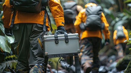 A team of scientists carrying a silver metal brief case in a tropical rainforest. Generative AI.