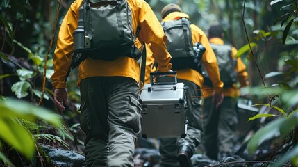 A team of scientists carrying a silver metal brief case in a tropical rainforest. Generative AI.