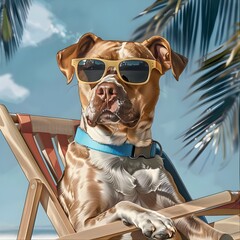 A jack russell terrier dog wearing sunglasses lounges on a sun lounger