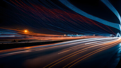 High speed forward light, urban expressways and traffic flow, time-lapse photography, abstract background, colored light, technology and city