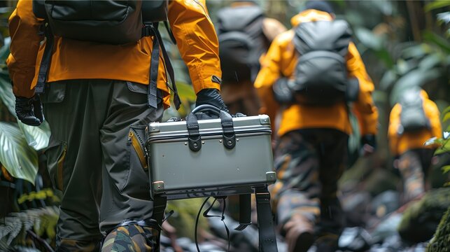 A team of scientists carrying a silver metal brief case in a tropical rainforest. Generative AI.