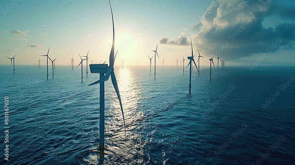 Poster a windmill park in the ocean, drone aerial view of windmill turbines generating green energy electri