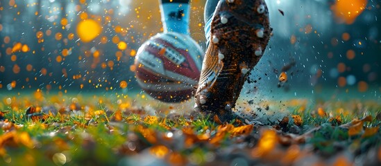 Male Athlete Kicking Football on Autumn Field with Falling Leaves