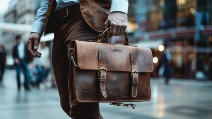 Unrecognizable businessman walking with a briefcase, business centre in background