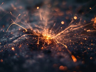Fototapeta premium Close-up of a bright sparkler igniting with vibrant fiery particles scattered across a dark backdrop.