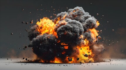 Massive Explosive Fiery Blaze with Billowing Smoke Clouds and Scattered Debris against Dramatic Black Background