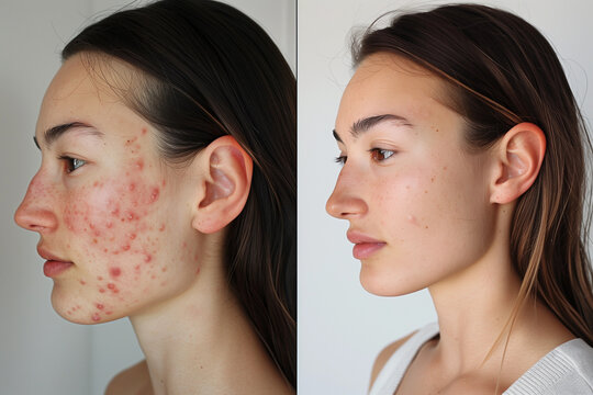 Before After of woman 20s with red blemishes scar and acne, afterwards results of clear glowing fresh skin,, client used ipl light therapy female skincare pimple products at clinic salon microneedling - Powered by Adobe