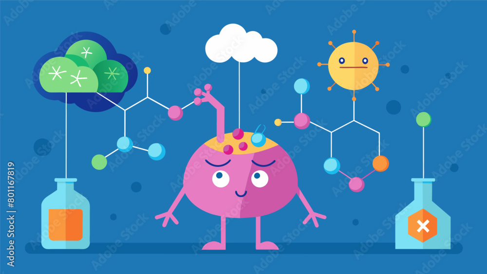 Poster an animated video of a chemical reaction occurring with different neurotransmitters and their corres