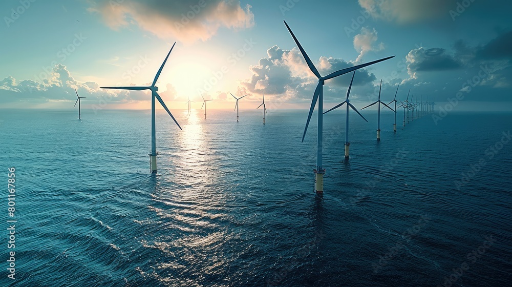 Poster a windmill park in the ocean, drone aerial view of windmill turbines generating green energy electri