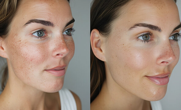 Before After photo pigmentation skin treatment of woman in 20s 30s, before she has hyperpigmentation dark sun spots afterwards clear skin from micro needling led ipl laser facial beauty derma salon