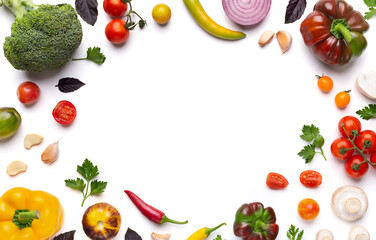 Organic assorted vegetables frame on white background