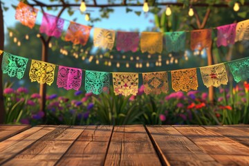 String of handmade cut paper flags on blurred background with empty wooden stage. Mexican party decoration. Day of the Dead, Halloween, Cinco de Mayo. Template with space for text, design or product
