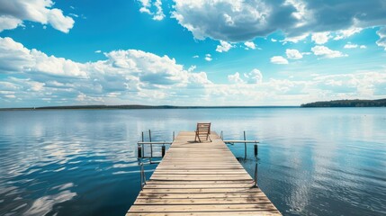Obraz premium Landscape with a long wooden pier with chairs for fishing and relaxing enjoying the lake view