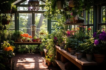 A greenhouse brimming with various plants and flowers thriving in a nurturing environment....