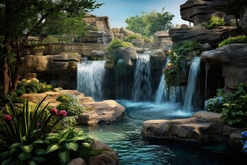 Naklejka premium A painting featuring a powerful waterfall flowing through a garden setting, surrounded by lush greenery and vibrant flowers. Generative AI