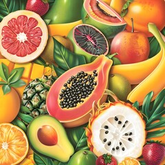 Many different delicious exotic fruits as background