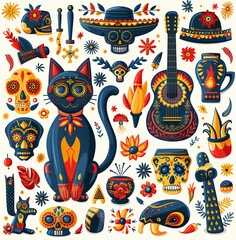 Colorful collection of Mexican Day of the Dead (Dia de los Muertos) themed illustrations, featuring decorated skulls, cats, guitars, and flowers.