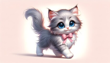 Fototapeta premium Adorable Fluffy Kitten with Sparkling Big Blue Eyes and a Cute Pink Bow