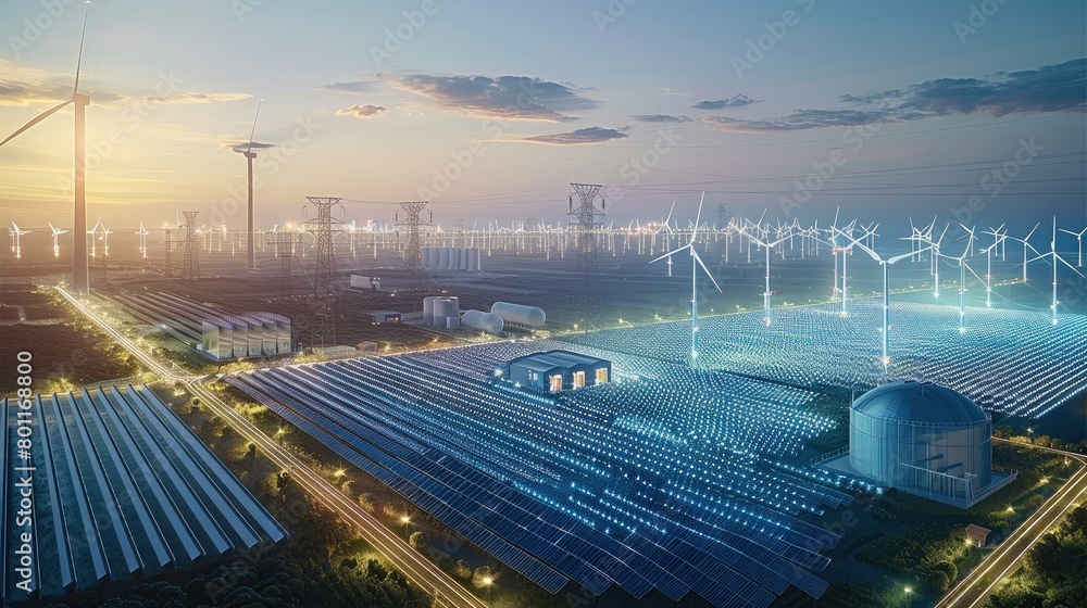 Leinwandbilder an energy lighting design with photovoltaic panel, wind turbine and storage silos in the background 