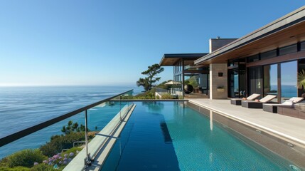 Fototapeta premium A large pool with a glass railing overlooking the ocean