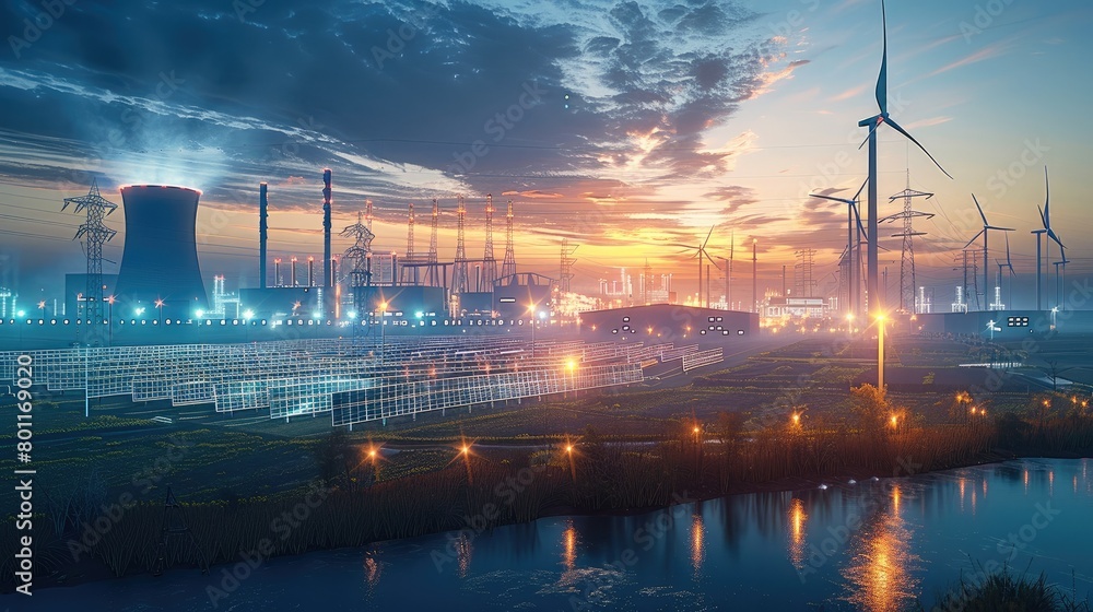 Fototapete an energy lighting design with photovoltaic panel, wind turbine and storage silos in the background 