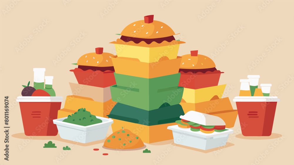 Poster a pile of takeout containers overflowing with greasy fast food next to a pile of empty containers fr