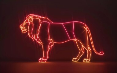 Simple line lion silhouette. 3D Rendering. Very beautiful fluorescent bulb lighting