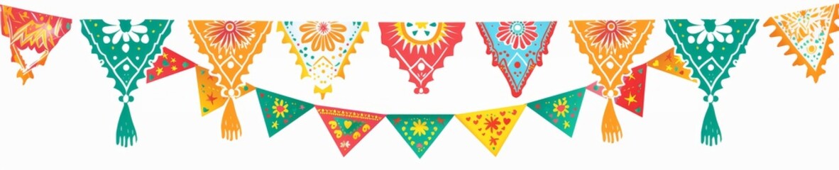 String of handmade cut paper flags on white background. Mexican party decoration. Dia de los Muertos, Halloween, Cinco de Mayo