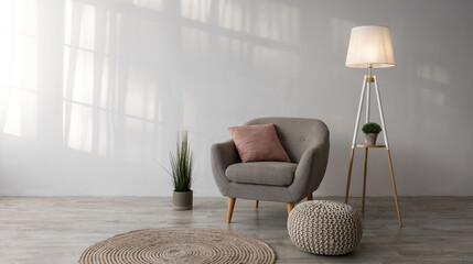 Armchair with pillow, lamp, plant in pot, ottoman and round carpet on floor on gray wall background...
