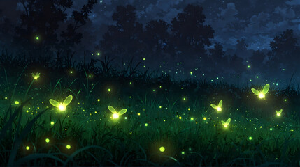 Glowing dots, fireflies, in the dark green grass forest background at night.