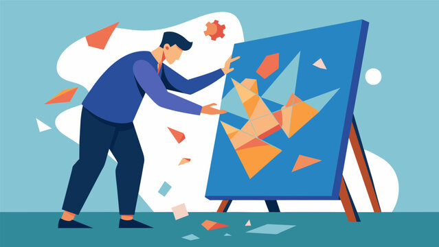 The mans hands shake as he carefully arranges pieces of shattered glass on a canvas using the art therapy session as a way to heal from past traumas..