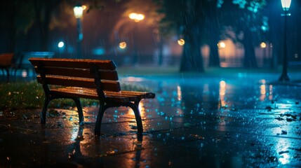 A park bench on a rainy night in the rain