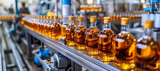 Whiskey bottling production line process in a standard factory with specialized equipment