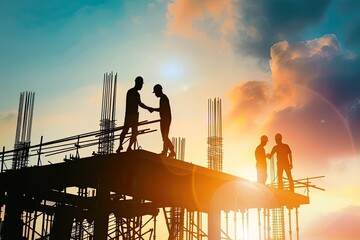 Two construction workers shake hands on top of a building under the sky