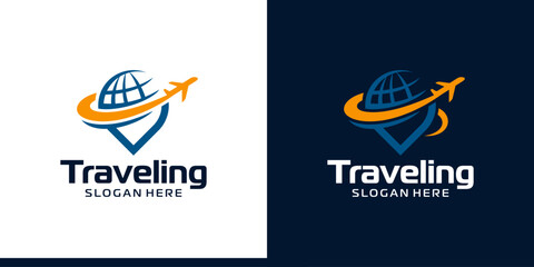 Traveling Logo design. Pinpoint location logo with globe abstract and plane logo design graphic symbol icon vector