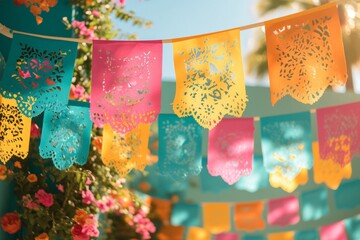 String of handmade colorful cut paper flags over the street. Mexican party bunting decoration. Dia de los Muertos, Halloween, Cinco de Mayo. Background for banner, poster, greeting card