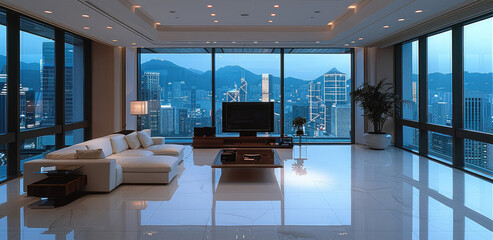 A minimalist high rise condominium interior design with couches and a plasma TV and tables, minimalist architecture interior design. Generative AI.