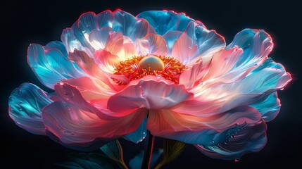   A pink and blue flower, closely framed against a black backdrop, adorned with water droplets on its petals ..Or, for