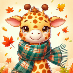 Cute cartoon giraffe with scarf and autumn leaves. Vector illustration.