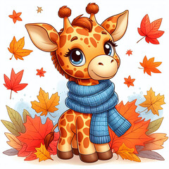 Cute cartoon giraffe with scarf and autumn leaves. Vector illustration.