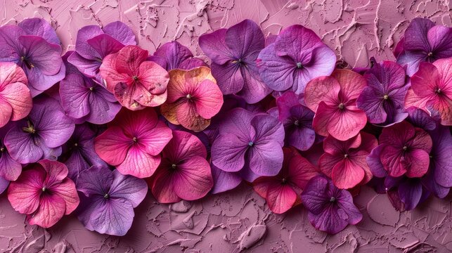   A painting of purplish-pink flowers adorns a pink and lilac wall, its surface showing signs of peeling paint