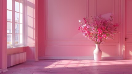 Fototapeta premium A pink room with a vase of flowers in front of a window