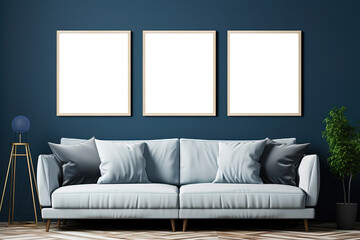 A blue wall with three white framed pictures on it