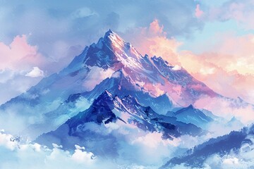Bright pastel watercolor of a high mountain in clouds, hand drawn, serene nature scene and environment