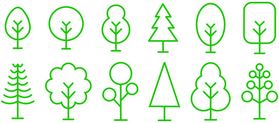 Green Simple Tree Icon Set Illustration Design, Silhouette Tree Symbol Collection With Outlined Style Template Vector isolated